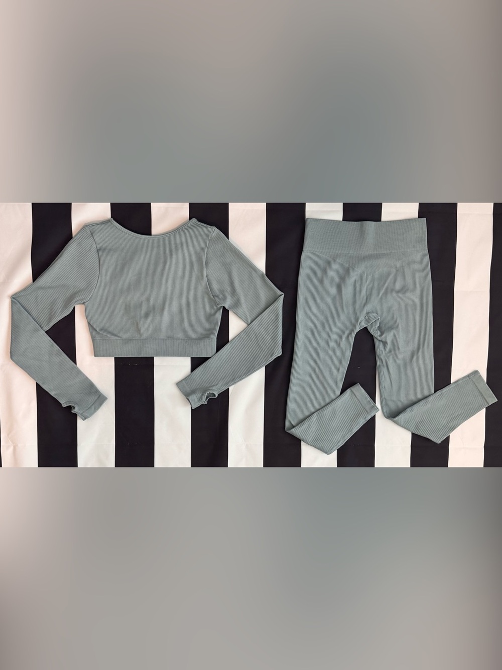 Ribbed Long-Sleeve Crop Top And Leggings Set in Dusty Sage - Picture 3 of 6